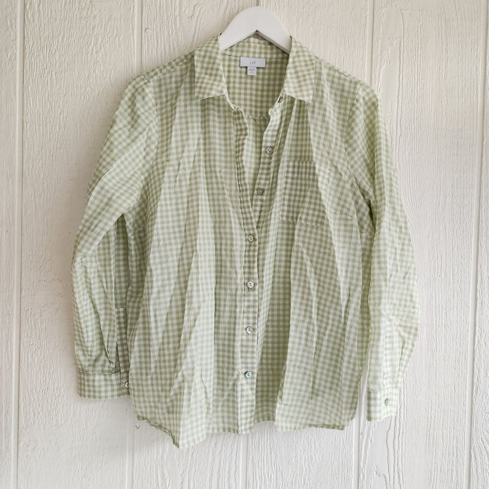 J.jill Green And White Gingham Button‎ Down Shirt